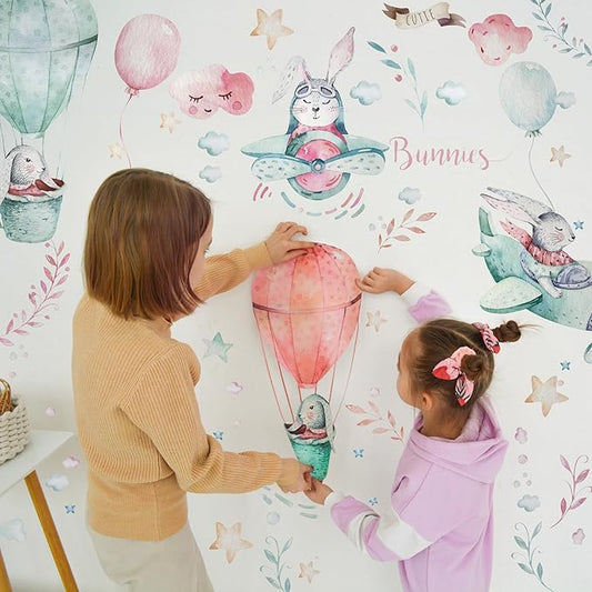 Bunny Wall Decals for Kids by Lipastick - 143 pcs Rabbits Wall Stickers Peel and Stick - Hot Air Balloon Wall Decals for Girls Boys Kids Baby Nursery Room Bedroom - Bunies Wall Decor Aircraft L Size