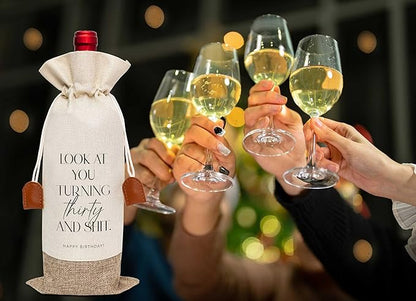 30th Birthday Wine Bag, Cotton Linen Wine Gift Bag With Drawstring, Wine Champagne Bottle Gift Bag, Thirty Years Old Birthday Gifts Wine Bag for Woman Man, 30th Birthday Party Favors-13