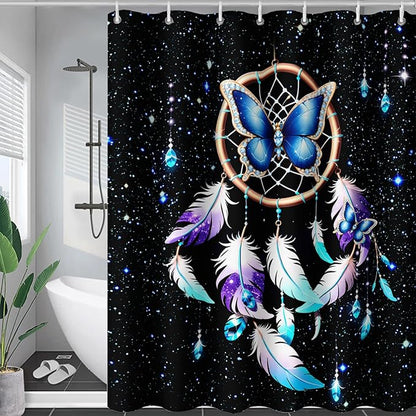 AILONEN Butterfly Dreamcatcher Shower Curtain, Blue Starry Galaxy Butterfly Bath Curtain,Dream Catcher Feather Print Waterproof Bathroom Curtain with 12 Plastic Hooks for Girls Women 60" W*72" H