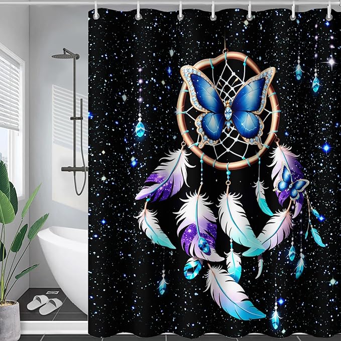 AILONEN Butterfly Dreamcatcher Shower Curtain, Blue Starry Galaxy Butterfly Bath Curtain,Dream Catcher Feather Print Waterproof Bathroom Curtain with 12 Plastic Hooks for Girls Women 36" W*72" H
