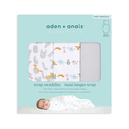 aden + anais, Cotton Knit Baby Wrap, Newborn Wearable Swaddle Blanket, 3 Pack, Multicolor Alphabet Animals, 0-3 Months