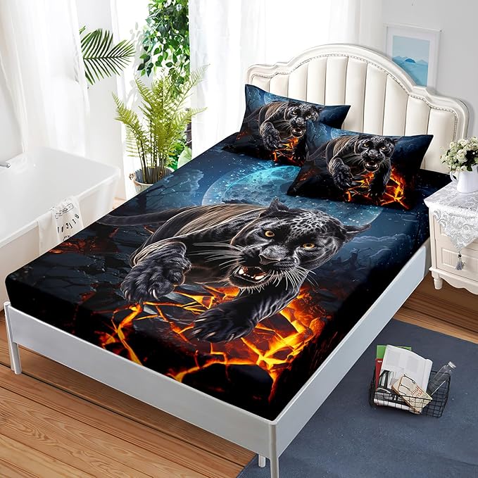 AILONEN Black Panther Fitted Sheet Set Twin Size,Safari Cheetah Leopard Print Bed Sheet Set,Magic Moon Animal Theme Leopard Fitted Sheet with 2 Pillowcases,3 Pieces Boys Twin Bed Sheet Set
