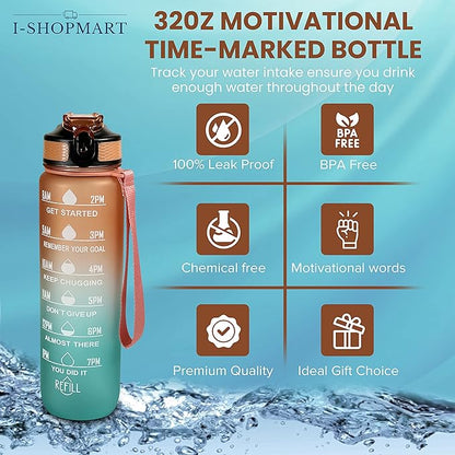 32oz Large Water Bottle with Motivational Time Marker - Sport Style with Deluxe Sip-Gulp Lid, Durable Tritan Plastic, Food Grade, Dishwasher Safe, Carry Strap (Orange-Green)