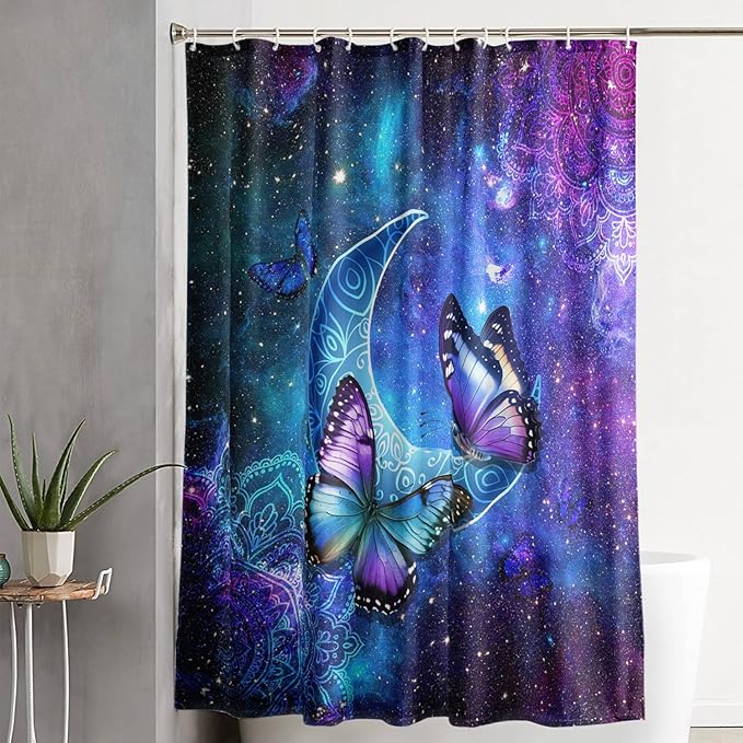 AILONEN Butterfly Shower Curtain, Mystic Moon Cloth Bath Curtain Set for Teen Adults Bathroom,Beautiful Purple Butterfly Starry Night Shower Curtain Liner,48" W*72" H
