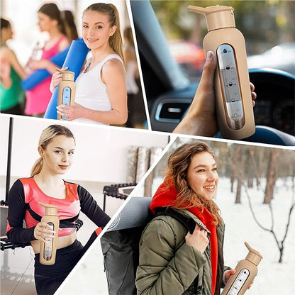 24oz Glass Motivational Water Bottle with Flip Lid Straw, Silicone Protective Sleeve, Handle, Reusable BPA Free (Sage Green)