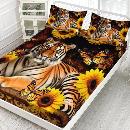AILONEN Tiger Fitted Sheet Set Queen Size, Vintage Retro Boho Bed Sheet Set Sunflower Butterfly Sheet Set,3 Pieces Printed Teen Boys Tiger Fitted Sheet with 2 Pillowcases