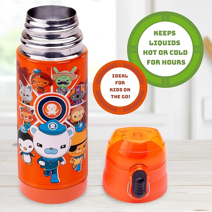Octonauts Above & Beyond Orange Stainless Steel 13 oz Insulated Water Bottle for Kids - Spill Proof Lid, Easy to Use, Reusable - Keep Liquids Hot/Cold For Hours -Perfect for Travel, School, On-The-Go