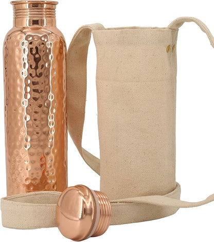 Copper Water Bottle (34oz/1000ml) w/a Carrying Canvas Bag | 100% Pure Copper Bottle for Drinking Water | Lab-Tested, Heavy Duty & Leak-Proof | Authentic Ayurvedic Copper Water Bottle