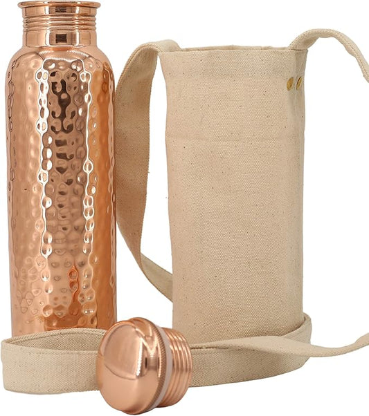 Copper Water Bottle (34oz/1000ml) w/a Carrying Canvas Bag | 100% Pure Copper Bottle for Drinking Water | Lab-Tested, Heavy Duty & Leak-Proof | Authentic Ayurvedic Copper Water Bottle