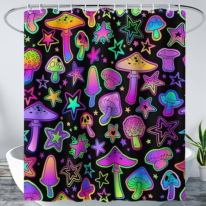 AILONEN Cute Mushroom Window Curtain for Kids,Star Purple Mushroom Curtain for Bathroom Decor,Gradient Mushroom Polyester Waterproof with 12 Plastic Hooks 72" W*78" H