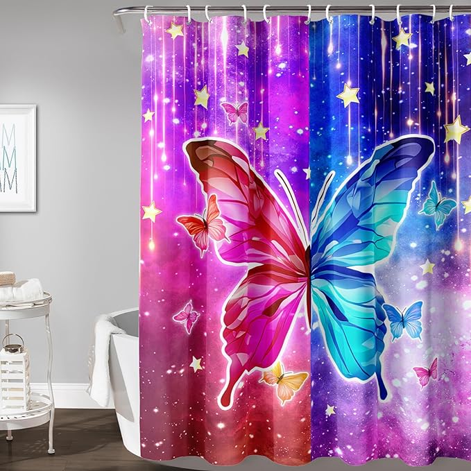 AILONEN Butterfly Shower Curtain,Red and Blue Butterfly Bath Curtain,Tie Dye Starry Rainbow Modern Decorative Shower Curtain with 12 Plastic Hooks (Kids/Girls/Women/Teen/) 72" W*72" H