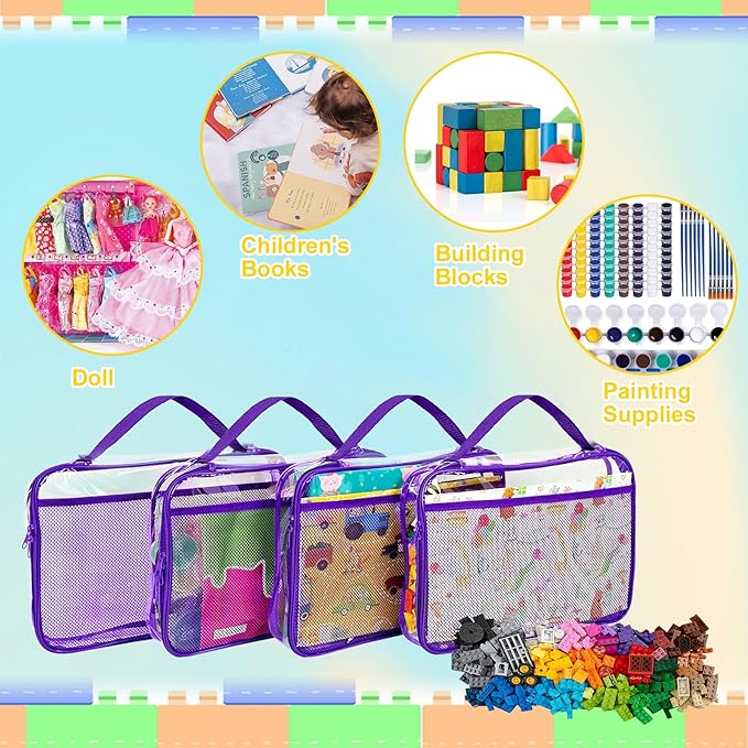4 Packs PVC Toy Zippered Blocks, Travel Storage Case Bags for Organizing, Waterproof Toy Storage Bags with Mesh Pockets for Building Blocks, Puzzles, Clays,Toy Cars 13.3"Lx3" Wx10.4" H (Purple).