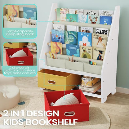 4 Tier Kids Book Shelf, Wooden Kids Book Rack, White Kids Bookshelf with Toy Storage Organizer, Toddler Sling Bookshelf for Boys, Girls, Kids Room, Red/Yellow