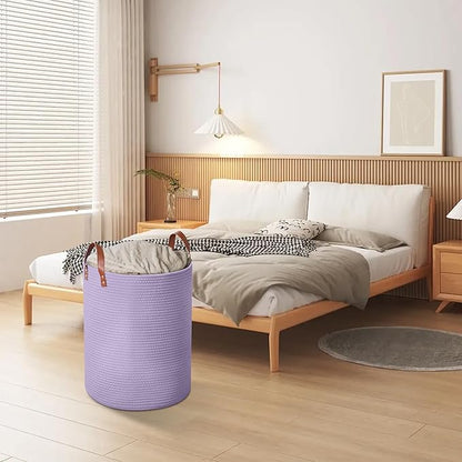 80L Large Rope Basket, Woven Rope Storage Basket with Leather Handles, Dog Toy Storage Basket, Bedroom, Nursery Blanket Storage, Bathroom Laundry Basket, 16“x20” Tall Rope Basket (Purple)