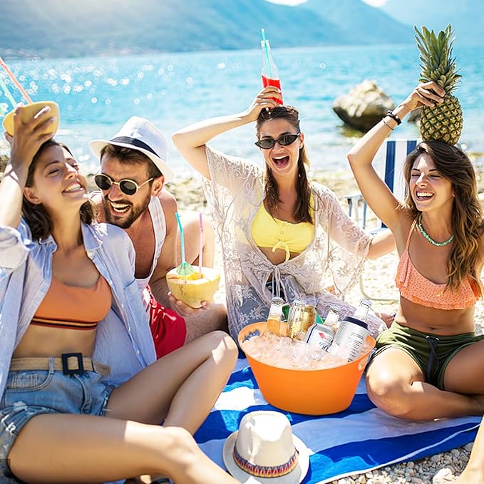 8Pcs Ice Bucket, Plastic Ice Buckets for Parties, Drink Buckets with Handles Beverage Buckets Oval Storage Plastic Tub for Wine Beer Champagne Bottles, 4.3Liter (set-4-orange)