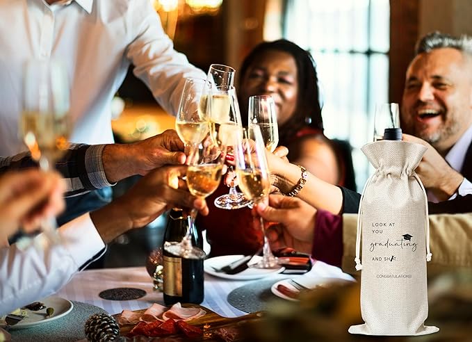 Graduation Wine Gifts Bag, Congratulations Graduation Reusable Wine Bag, Champagne Gifts Bag, Congrats Gifts For College Masters Doctorate Graduation Party, Burlap Drawstring Wine Bag With Card-18
