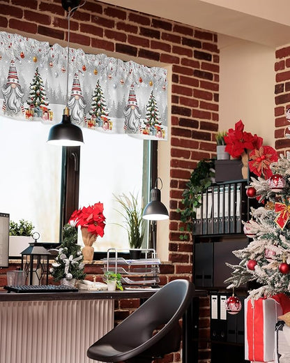 Christmas Gnome Valance Curtains for Kitchen Windows Winter Merry Christmas Tree Balls Rod Pocket Window Treatment Toppers for Kitchen/Living Room/Bedroom/Bathroom, 42" X 18", Grey