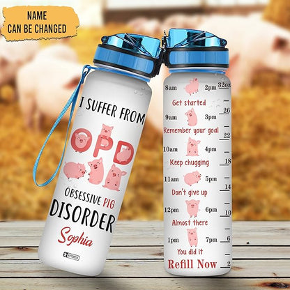 Hyturtle Personalized I Suffer From Obsessive Pig Disorder 32Oz Liter Motivational Water Bottle, Customized Name With Time Marker, Gift For Women Men Friends Kids Pig Lovers On Birthday Mother's Day