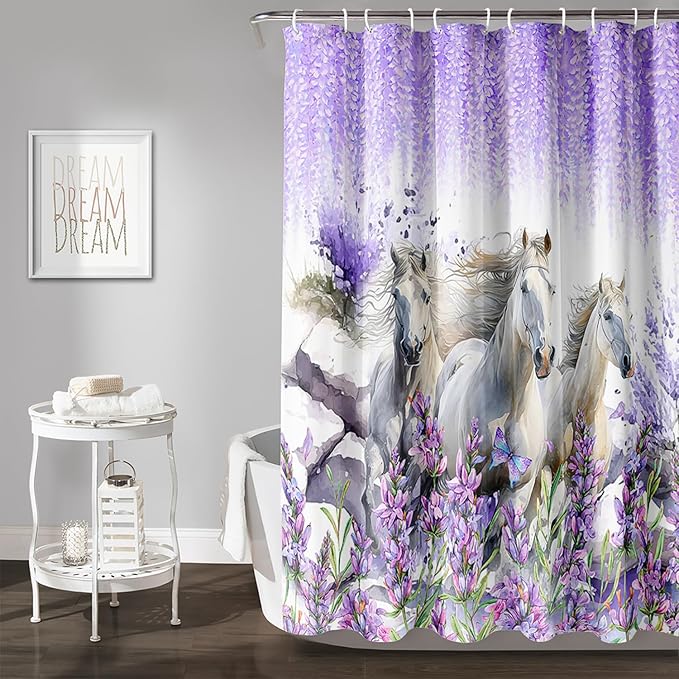 AILONEN Horse Shower Curtain for Boys Girls, Purple Lavender Flower Bath Curtain 60" W*72" H Galloping Horse Bathroom Curtain Polyester Waterproof Watercolor Bathroom Curtain with 12 Hooks