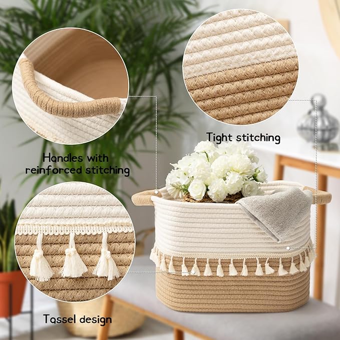 TeoKJ Woven Storage Bin Set of 3, Cotton Rope Basket for Storage, Clothes Boho Storage Basket Bin for Organizing and Storage, Fabric Storage Basket for Books, Plants, Pet Treats, White & Jute