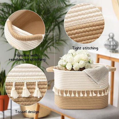 TeoKJ Woven Storage Bin Set of 3, Cotton Rope Basket for Storage, Clothes Boho Storage Basket Bin for Organizing and Storage, Fabric Storage Basket for Books, Plants, Pet Treats, White & Jute