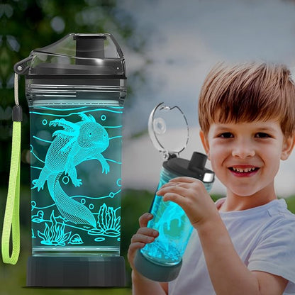 Axolotl Kids Water Bottle with 3D Glowing LED Light - 14 OZ Tritan BPA Free - Creative Ideal Travel Cup Gift for School Kid Boy Child Gamer Holiday Camping Picnic