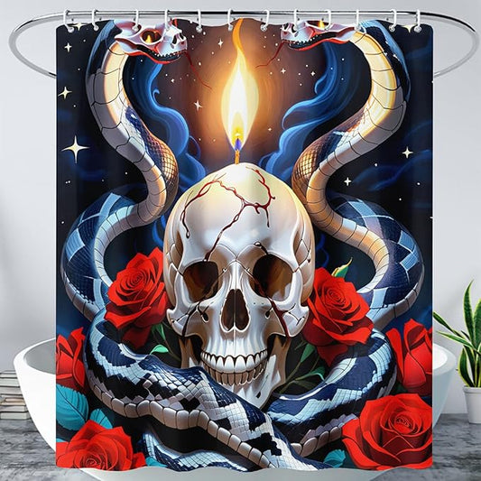 AILONEN Skull Shower Curtain for Bathroom,Red Rose Terror Snake Skull Bath Curtain,Goth Skull Skeleton Print Waterproof Curtain with 12 Plastic Hooks, 48" W*72" H