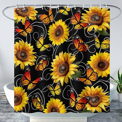 AILONEN Yellow Sunflower and Butterfly Shower Curtain,Garden Flower Black Bath Curtain,Modern Botanical Floral Waterproof Shower Curtain, 72" W x 84" H