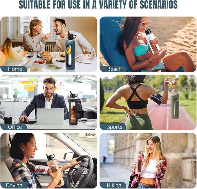 32oz Glass Water Bottle With 2 Lids-Flip Straw Lid, Bamboo Lid, Glass Water Bottle With Silicone Sleeve, Motivational Time Marker, Glass Juice Bottle for Cold Drink,Navy Blue