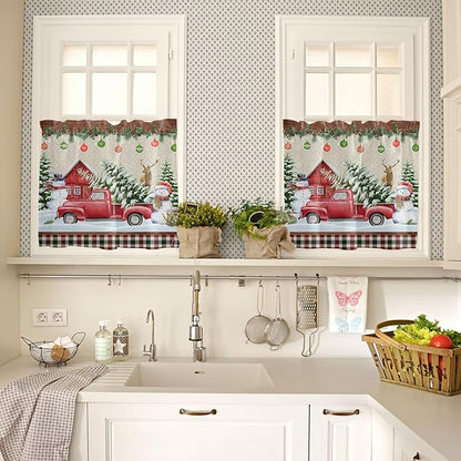 Christmas Kitchen Curtains and Valances Set, Farm Red Truck Window Treatments Tiers Winter Holiday Snowman Semi Sheer Half/Short Curtains for Small Windows Cafe /Living Room/ Bedroom 54x 36 in