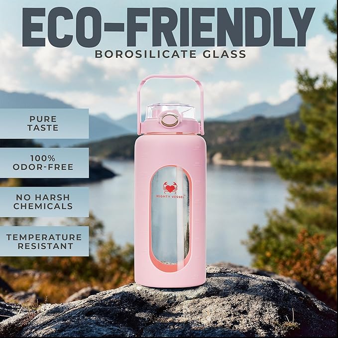 64oz Glass Water Bottle | Pink Water Bottle with Straw & Time Marker | Half Gallon Water Bottle with Measurements & Silicone Sleeve | Suitable for Travel, Gym, Sports & Daily Intake