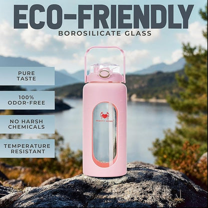 64oz Glass Water Bottle | Pink Water Bottle with Straw & Time Marker | Half Gallon Water Bottle with Measurements & Silicone Sleeve | Suitable for Travel, Gym, Sports & Daily Intake