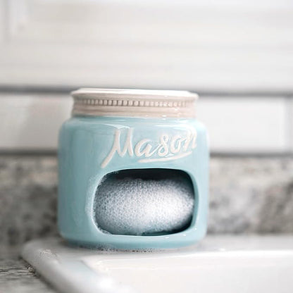 Mason Jar Ceramic Set - Cooking Utensils Set with Ceramic Jar, Measuring Cups & Spoons, Utensil Holder for Stove, and Sponge Holder Ceramic - Vintage Utensil Rest & Condiment Shakers (Blue, 17-Pieces)