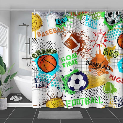 AILONEN Sport Shower Curtain,Graffiti Basketball Football Baseball Rugby Sport Art Bath Curtain Minimalist Bathroom Curtain 72" W*72" H Polyester Waterproof Bathroom Curtain with 12 Hooks