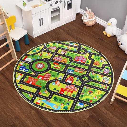 Kids Rug 4x4 Play Mats for Babies and Toddlers Car Rug Kids Room Rug Play Mat for Children Toddlers,Circle Rug Kids Classroom Playroom Play Rug Round Rug