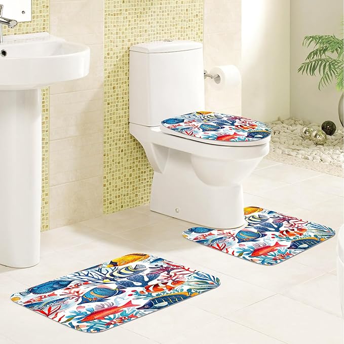 4PCS Fish Shower Curtain Set with 12 Hooks for Bathroom Sets Fish Decor, Non-Slip Rugs and Toilet Mat Lid Rug, Durable Waterproof for Bathroom Ocean Underwater World Tropical Fish Decor 72x72 Inch