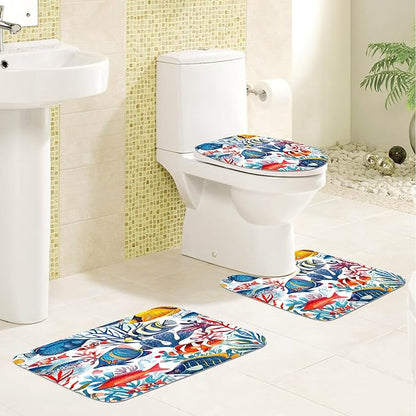 4PCS Fish Shower Curtain Set with 12 Hooks for Bathroom Sets Fish Decor, Non-Slip Rugs and Toilet Mat Lid Rug, Durable Waterproof for Bathroom Ocean Underwater World Tropical Fish Decor 72x72 Inch