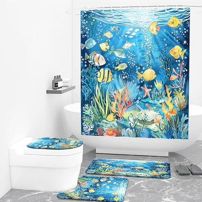 4PCS Fish Shower Curtain Set with 12 Hooks for Bathroom Sets Fish Decor, Non-Slip Rugs and Toilet Mat Lid Rug, Durable Waterproof for Bathroom Ocean Underwater World Decor 72x72 Inch