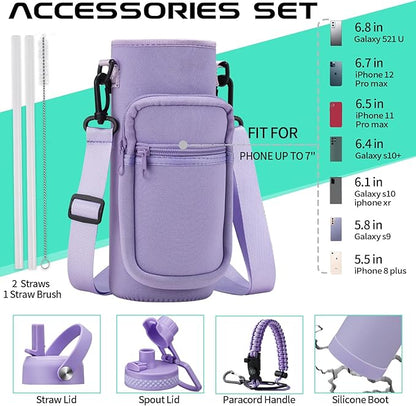 40 oz Water Bottle with Straw - Insulated Vacuum Water Flask with Straw & Auto Spout Lid, Paracord Handle & Carrying Pouch, Keep Cold 48H Hot 24H, Sweat-Proof Thermal Water Jug with Strap for Hiking