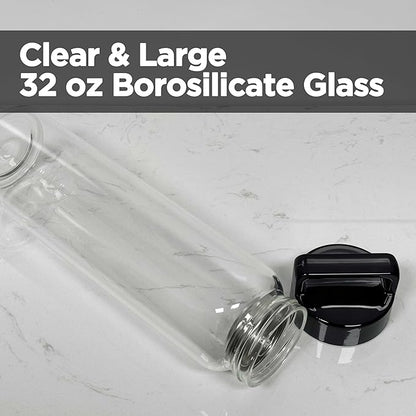 32 oz Clear Glass Water Bottle | Cold Brew Fruit Inufser Water Bottle (Black Lid)