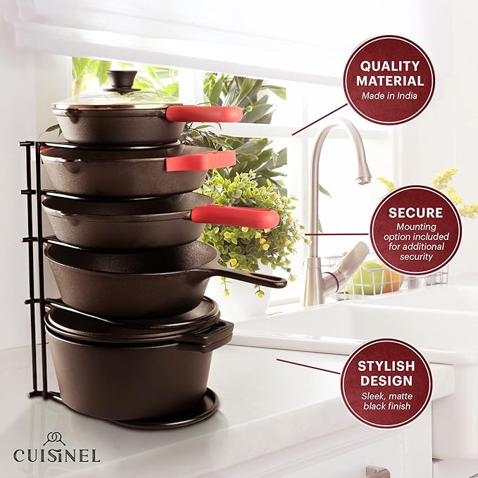 Cuisinel Heavy Duty Pan Organizer - Extra Large 5-Tier Rack - For Cast Iron Skillets, Dutch Oven, Griddles - Durable Steel Construction - Space Saving Kitchen Storage - No Assembly Required - Blue 15"