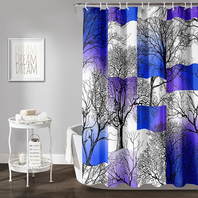 AILONEN Blue and White Tree Abstract Shower Curtain,Minimalist Printed Plant Tree Arts Bath Curtain,Modern Boho Waterproof Curtain for Bathroom Decor, 72" W x 96" H