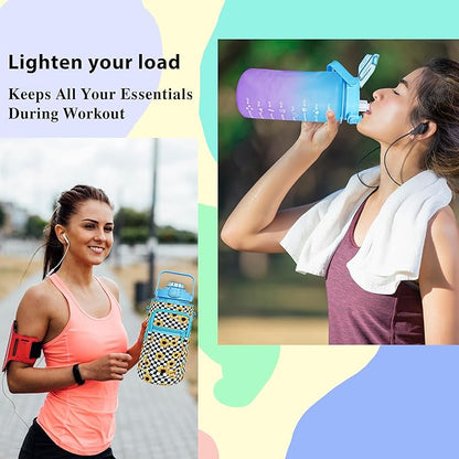 64 oz Water Bottle with Straw Sleeve & Strap Motivational Half Gallon Water Jug with Handle for Gym Women Men Aesthetic Water Bottle with Strap Sunflower