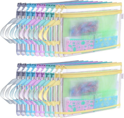 20 Pack Colored Mesh Zipper Pouch Bags,5 Color，A4 Double-Layer Nylon Puzzle Building Block Sets Toy Storage Organization, Mesh Bags with Zipper and Handle for School Office Playroom Storage