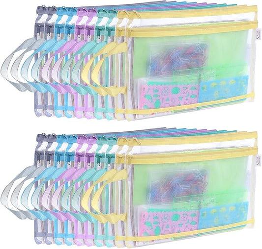 20 Pack Colored Mesh Zipper Pouch Bags,5 Color，A4 Double-Layer Nylon Puzzle Building Block Sets Toy Storage Organization, Mesh Bags with Zipper and Handle for School Office Playroom Storage