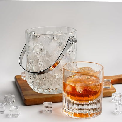 Glass Ice Bucket with Handle and Ice Tong Clear Crystal Ice Buckets for Cocktail Bar Wine Home Bar Accessories Parties Clear Champagne Bucket