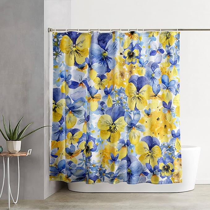 AILONEN Watercolor Flowers Shower Curtain,Purple and Yellow Flowers Theme Waterproof Fabric Shower Curtain for Girls Kids Teens, 72" W*78" H Patchwork Flower Shower Curtain Sets