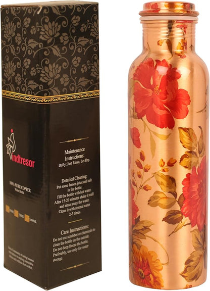 Pure Copper Water Bottle - Handcrafted - Ayurveda health benefits - Large 35 oz - Leak proof, Easy to carry for Sports, Fitness, Yoga, School - Natural Copper Finish Floral Colorful Enamel