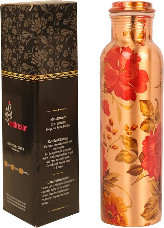 Pure Copper Water Bottle - Handcrafted - Ayurveda health benefits - Large 35 oz - Leak proof, Easy to carry for Sports, Fitness, Yoga, School - Natural Copper Finish Floral Colorful Enamel