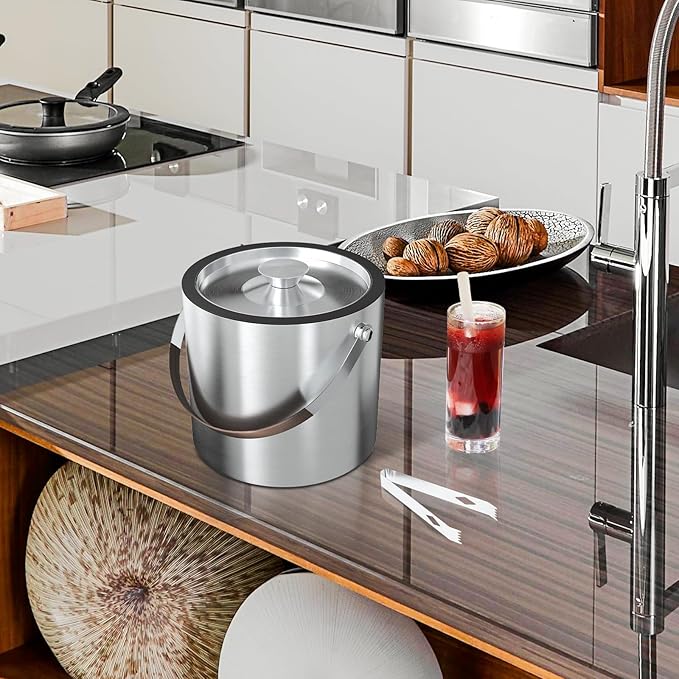 3L Double Wall Ice Bucket for Parties with Silicone Lid, Tongs & Strainer, Bar Insulated Ice Buckets [Silicone Lid for Longer Ice] Cocktail Wine Bucket Champagne Chiller Brown Accent Handle